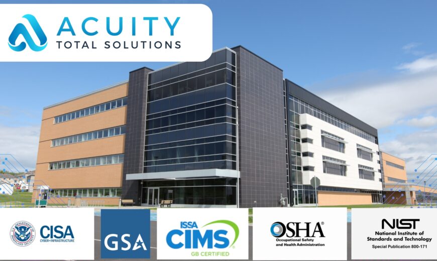 Picture of large building with logos from CISA, GSA, SIMS certification, NIST | Top facility management questions