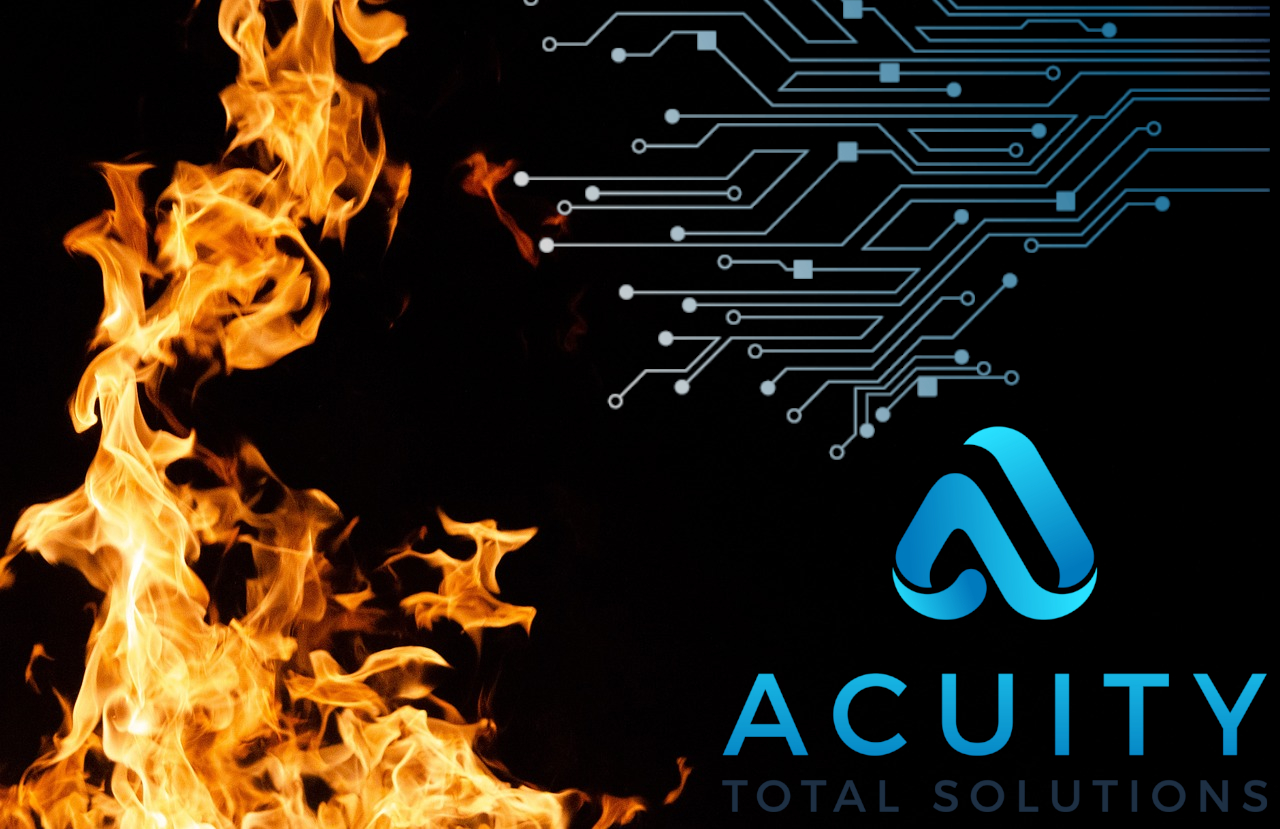 Picture of campfire with circuit diagram moving into it from the right, Acuity Total Solutions logo in right bottom corner | Cybersecurity for small businesses