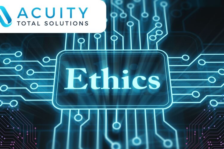 graphic of the word Ethics on top of neon digital circuits | cybersecurity and AI ethics