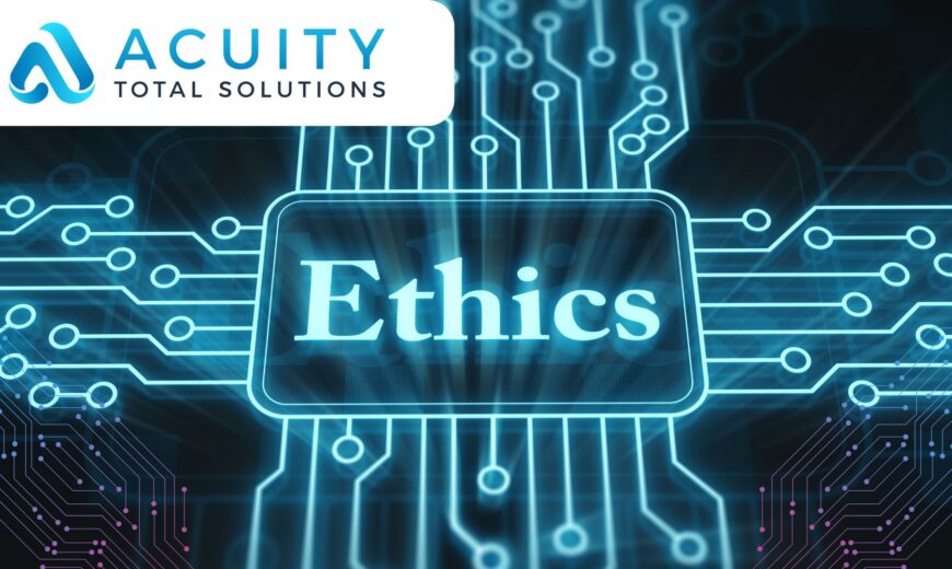 graphic of the word Ethics on top of neon digital circuits | cybersecurity and AI ethics