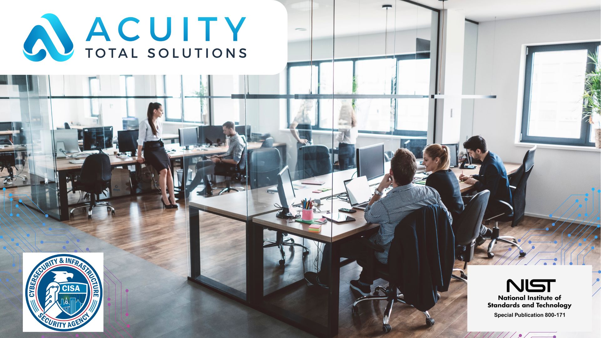 Wide angle photo of an office space with a half-dozen workers at their desks. | Cybersecurity Basics